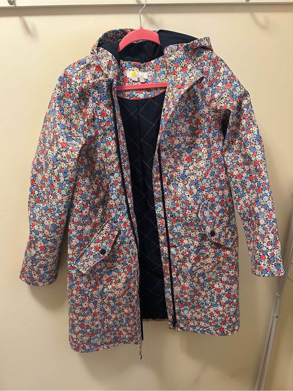 Boden women’s Floral Hooded Raincoat - Blue, Red, White